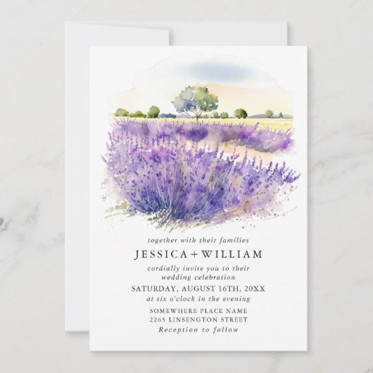 Waterverf Lavender Flowers Field Wedding QR code Kaart (Voorkant)