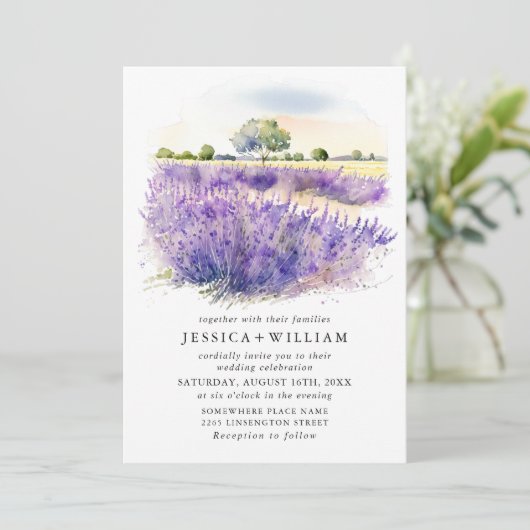 Waterverf Lavender Flowers Field Wedding QR code Kaart (Staand voorkant)