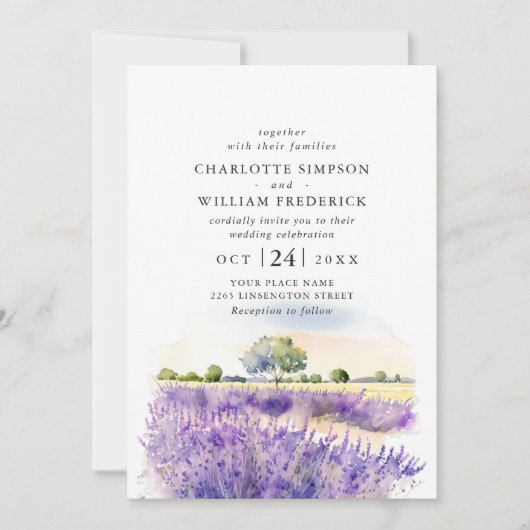 Waterverf Lavender Flowers Field Wedding QR code Kaart (Voorkant)