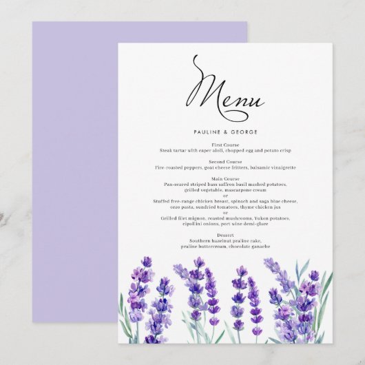 Waterverf lavender Flowers Spring Wedding Menu (Voorkant / Achterkant)