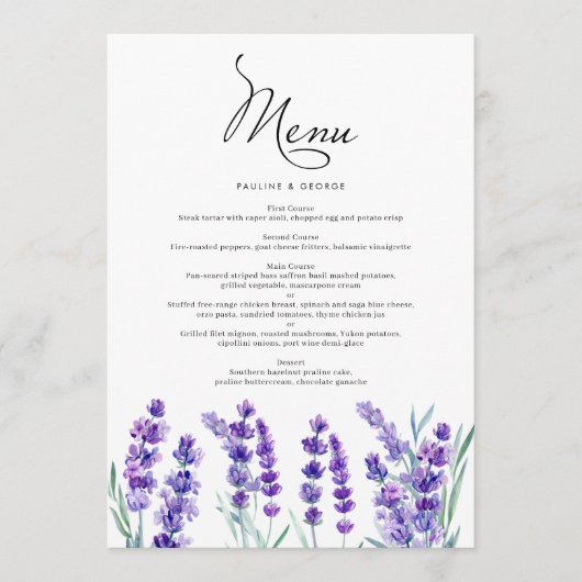 Waterverf lavender Flowers Spring Wedding Menu (Voorkant)
