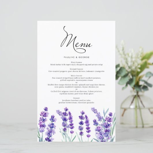 Waterverf lavender Flowers Spring Wedding Menu (Staand voorkant)