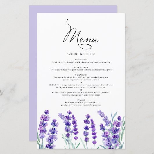 Waterverf lavender Flowers Spring Wedding Menu (Voorkant / Achterkant)