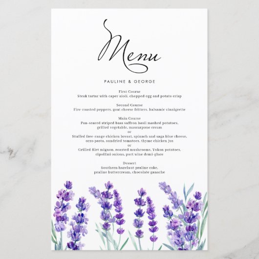 Waterverf lavender Flowers Spring Wedding Menu (Voorkant)