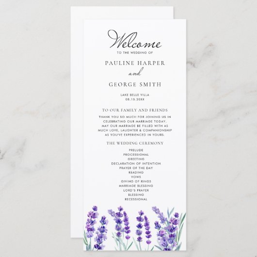 Waterverf lavender Flowers Spring Wedding Programmakaart (Voorkant / Achterkant)