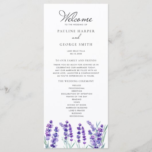Waterverf lavender Flowers Spring Wedding Programmakaart (Voorkant)
