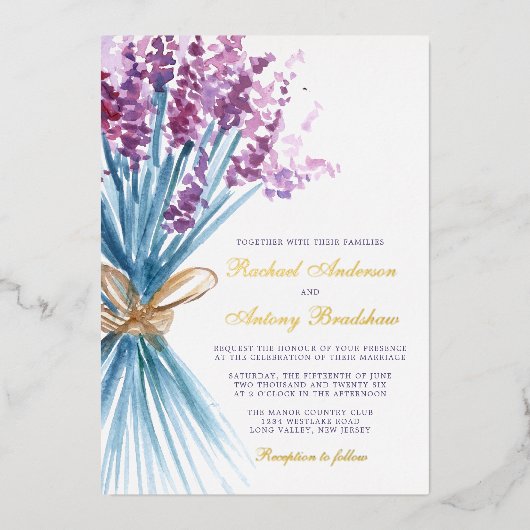 Waterverf lavender Flowers Wedding Folie Uitnodiging (Voorkant)