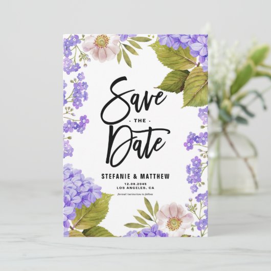 Waterverf Lavender Hydrangea Floral Save The Date (Staand voorkant)