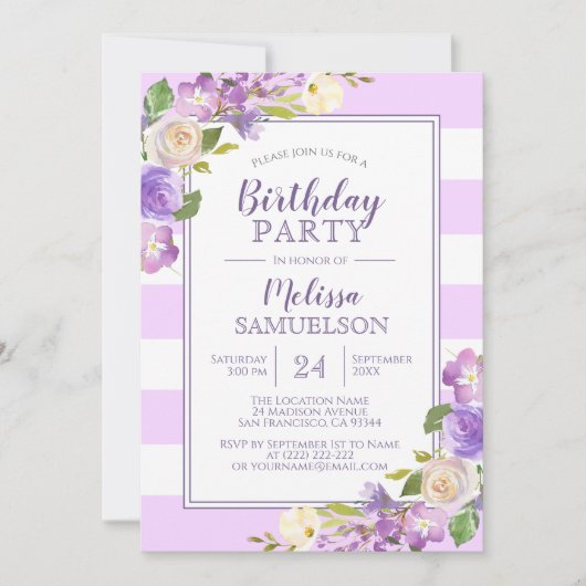Waterverf Lavender Paarse Floral BIRTHDAY PARTIJ Kaart (Voorkant)