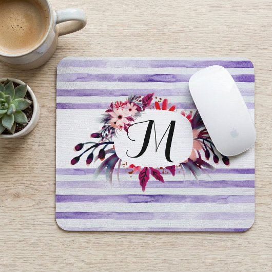 Waterverf Lavender Paarse Stripes Floral Lijst Muismat