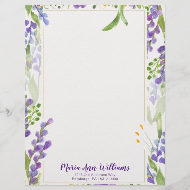 Waterverf Lavender Personalized Letterhead Briefhoofd (Voorkant)