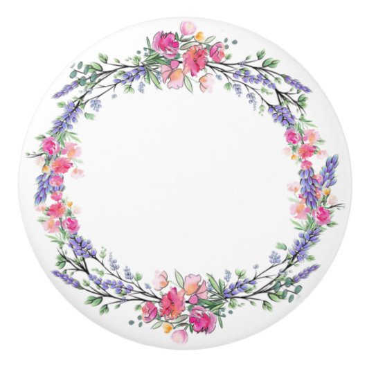 Waterverf Lavender Pink Wilde Roos en Eucalyptus Keramische Knop (Voorkant)