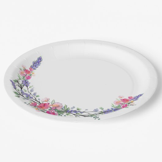 Waterverf Lavender Pink Wilde Roos en Eucalyptus Papieren Bordje (Gekanteld)