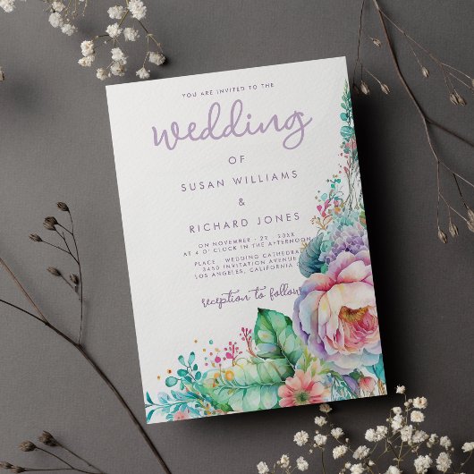 Waterverf lavender roze mint koraal florale bruilo kaart