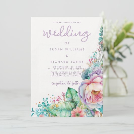 Waterverf lavender roze mint koraal florale bruilo kaart (Staand voorkant)