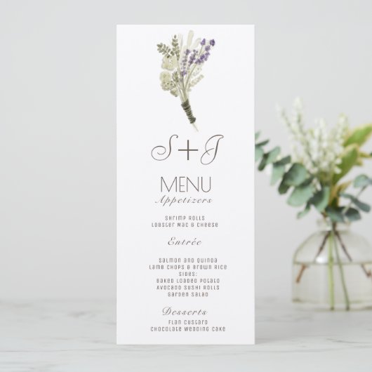 Waterverf Lavender Rustic Bouquet menu (Staand voorkant)