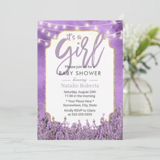 Waterverf Lavender String Lights Baby shower Kaart (Staand voorkant)