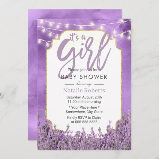 Waterverf Lavender String Lights Baby shower Kaart (Voorkant / Achterkant)