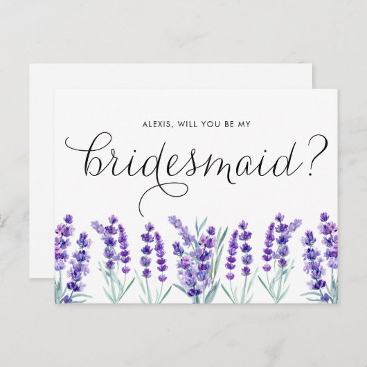 Waterverf Lavender zal je mijn Bridesmaid zijn Uitnodiging Briefkaart (Voorkant / Achterkant)
