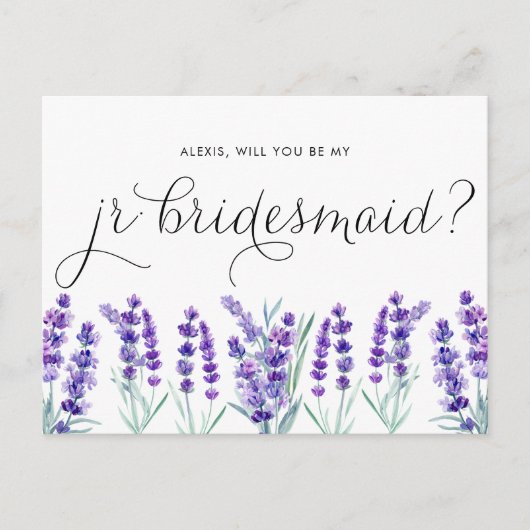Waterverf Lavender zal je mijn Jr Bridesmaid zijn Uitnodiging Briefkaart (Voorkant)