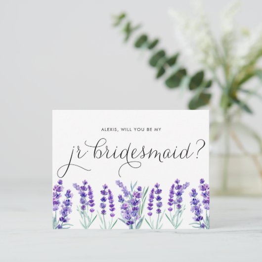 Waterverf Lavender zal je mijn Jr Bridesmaid zijn Uitnodiging Briefkaart (Staand voorkant)