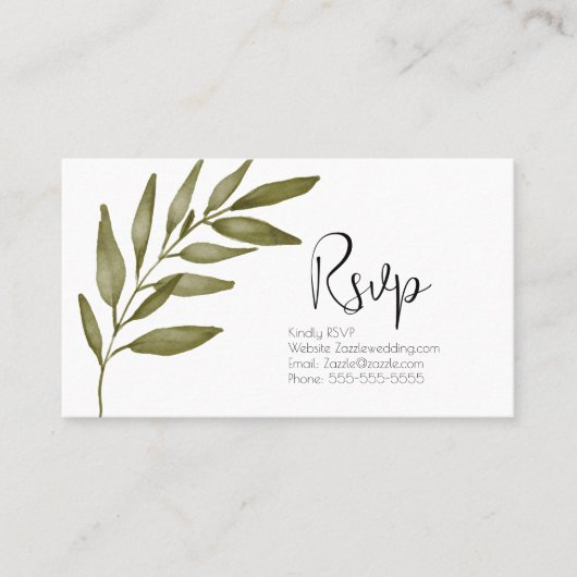 Waterverf Leaf Branch Green RSVP Wedding Visitekaartje (Voorkant)