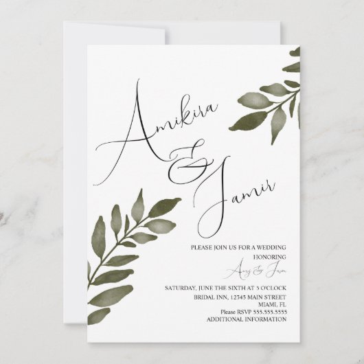 Waterverf Leaf Branch Greenery Script Wedding Kaart (Voorkant)