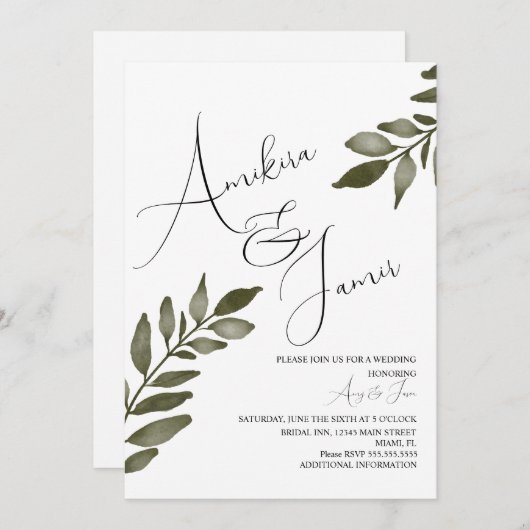 Waterverf Leaf Branch Greenery Script Wedding Kaart (Voorkant / Achterkant)