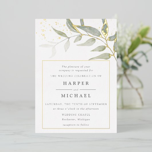 Waterverf leaf gold shimmer bruiloft folie invitat folie uitnodiging (Staand Voorkant)