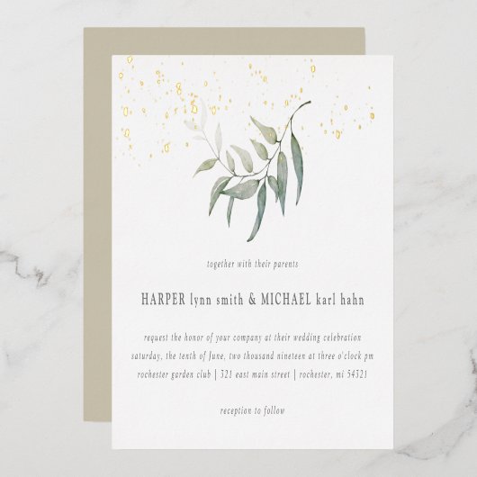 Waterverf leaf gold shimmer bruiloft folie invitat folie uitnodiging (Voorkant / Achterkant)