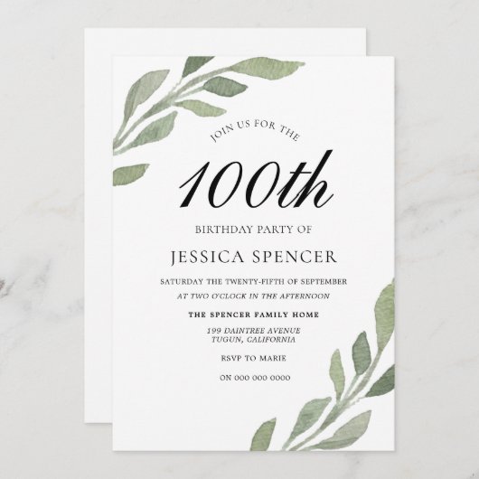 Waterverf Leaf Womans mannen 100th Birthday Invite Kaart (Voorkant / Achterkant)