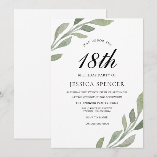 Waterverf Leaf Womans mannen 18th Birthday Invite Kaart (Voorkant / Achterkant)