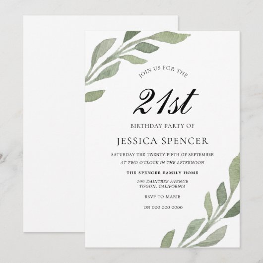 Waterverf Leaf Womans mannen 21st Birthday Invite Kaart (Voorkant / Achterkant)