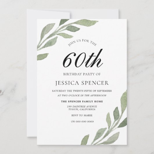 Waterverf Leaf Womans mannen 60th Birthday Invite Kaart (Voorkant)