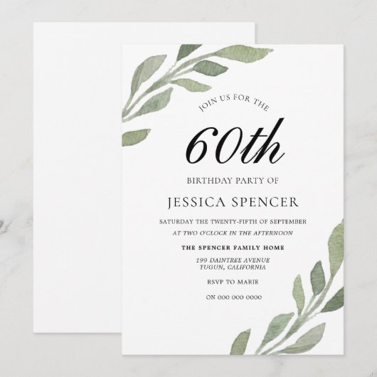 Waterverf Leaf Womans mannen 60th Birthday Invite Kaart (Voorkant / Achterkant)