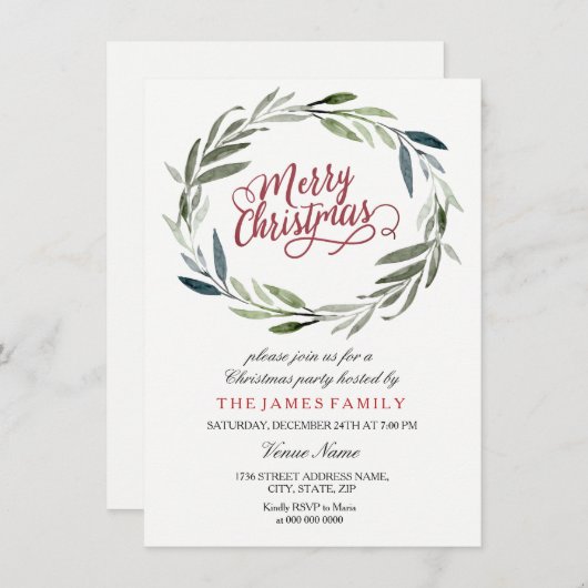 Waterverf Leaf Wreate Kerstparty Uitnodiging (Voorkant / Achterkant)
