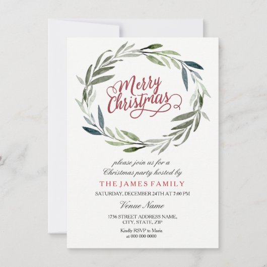 Waterverf Leaf Wreate Kerstparty Uitnodiging (Voorkant)