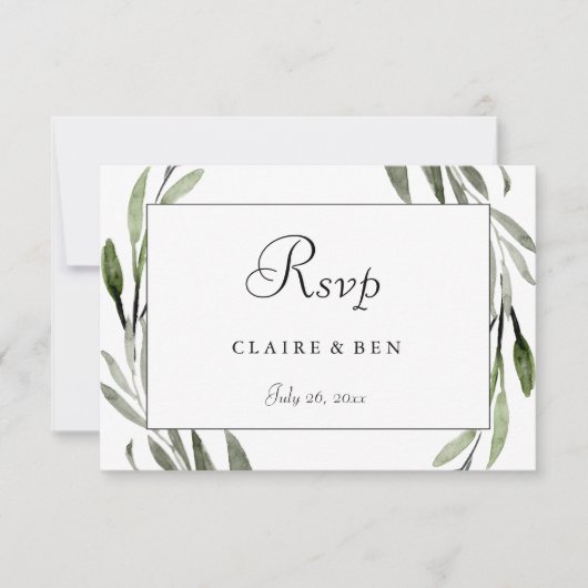 Waterverf Leaf Wreath Border Wedding RSVP Kaartje (Voorkant)