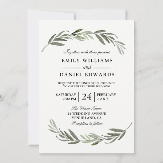 Waterverf Leaf Wreath Elegant Wedding Invite Kaart (Voorkant)