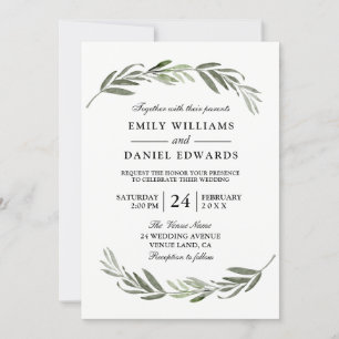 Waterverf Leaf Wreath Elegant Wedding Invite Kaart