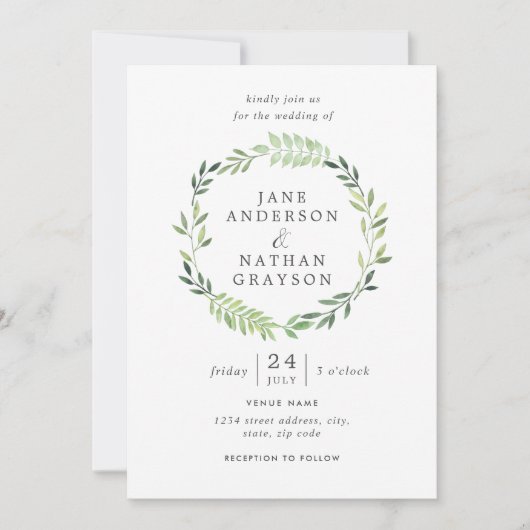 Waterverf Leaf Wreath Wedding Invitation Kaart (Voorkant)