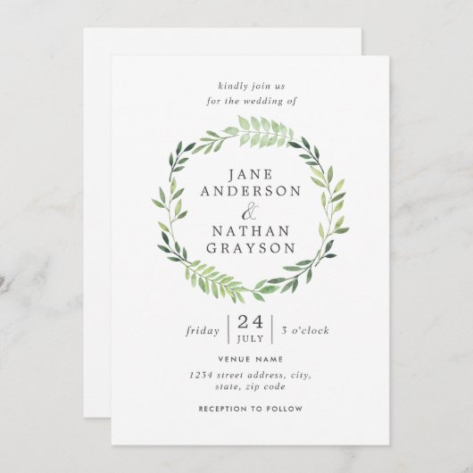 Waterverf Leaf Wreath Wedding Invitation Kaart (Voorkant / Achterkant)