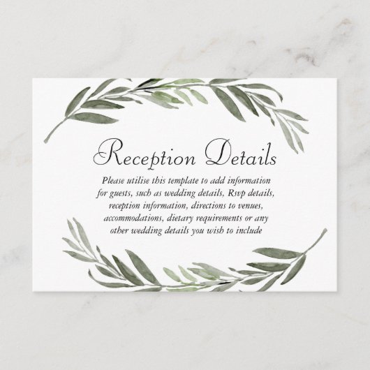 Waterverf leaf Wreath Wedding Reception details Informatiekaartje (Voorkant)