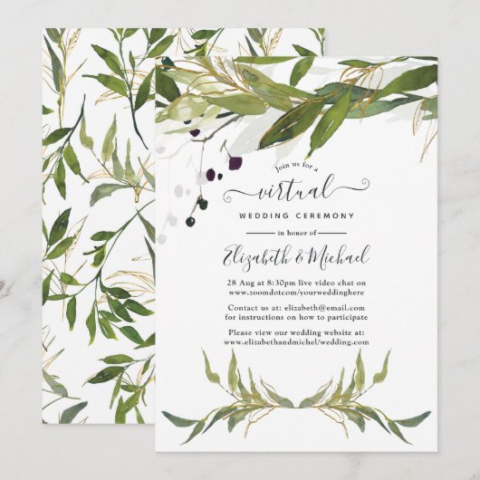 Waterverf Leafy Greenery Online Virtual Wedding Kaart (Voorkant / Achterkant)