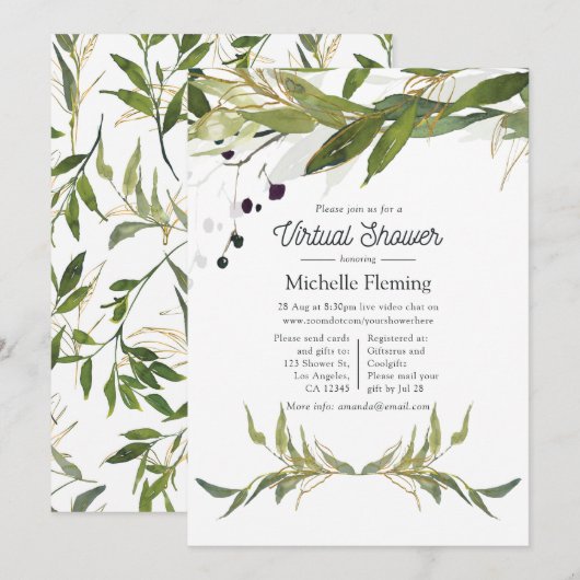 Waterverf Leafy Greenery Virtual Baby shower Kaart (Voorkant / Achterkant)