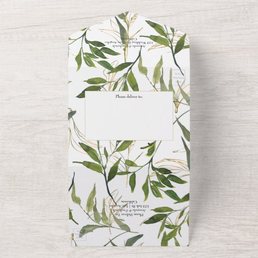 Waterverf Leafy Greenery Wedding All In One Uitnodiging (Buitenkant)