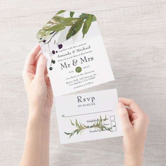 Waterverf Leafy Greenery Wedding All In One Uitnodiging (Afscheurbaar)