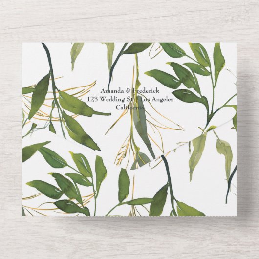 Waterverf Leafy Greenery Wedding All In One Uitnodiging (Achterkant)