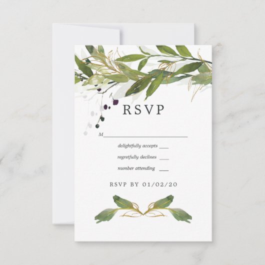 Waterverf Leafy Greenery Wedding RSVP Kaartje (Voorkant)