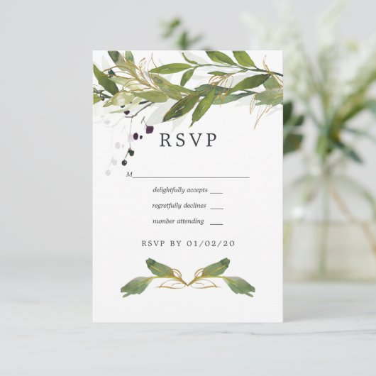 Waterverf Leafy Greenery Wedding RSVP Kaartje (Staand voorkant)